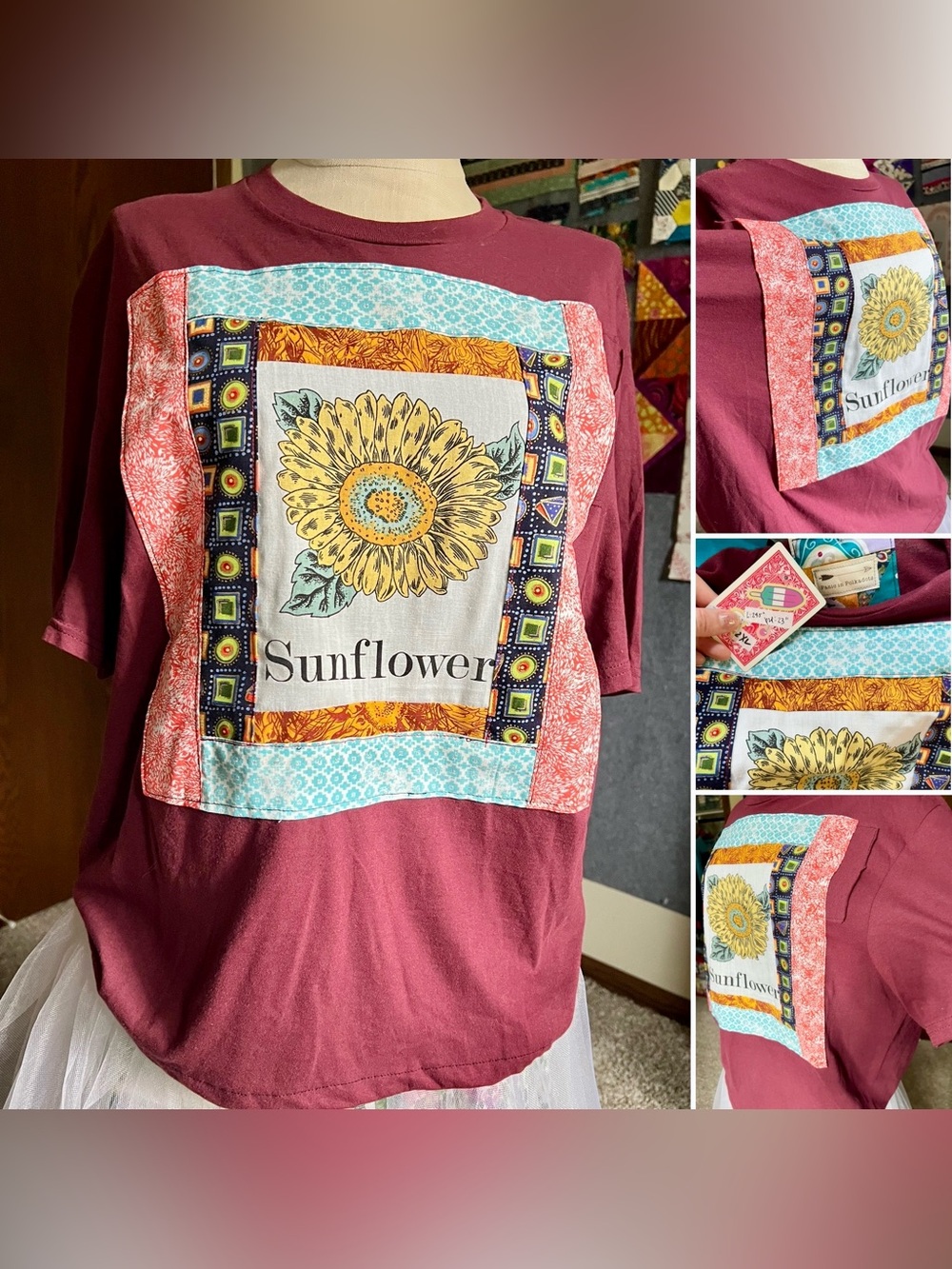 Quilty Tee Maroon - Sunflower Patchwork